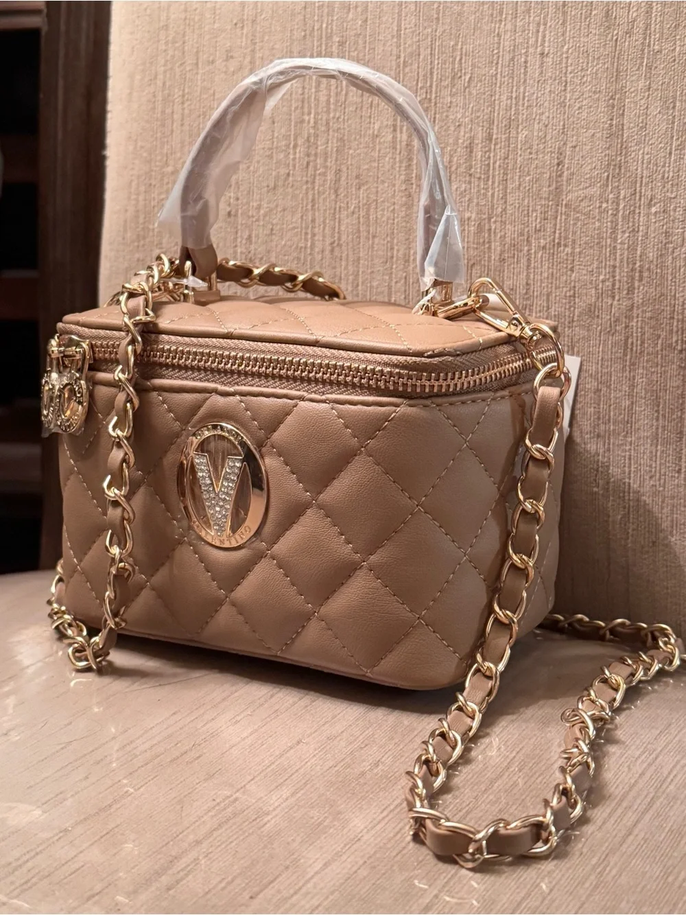 Quilted Top-Handle Crossbody Vanity Bag in Taupe